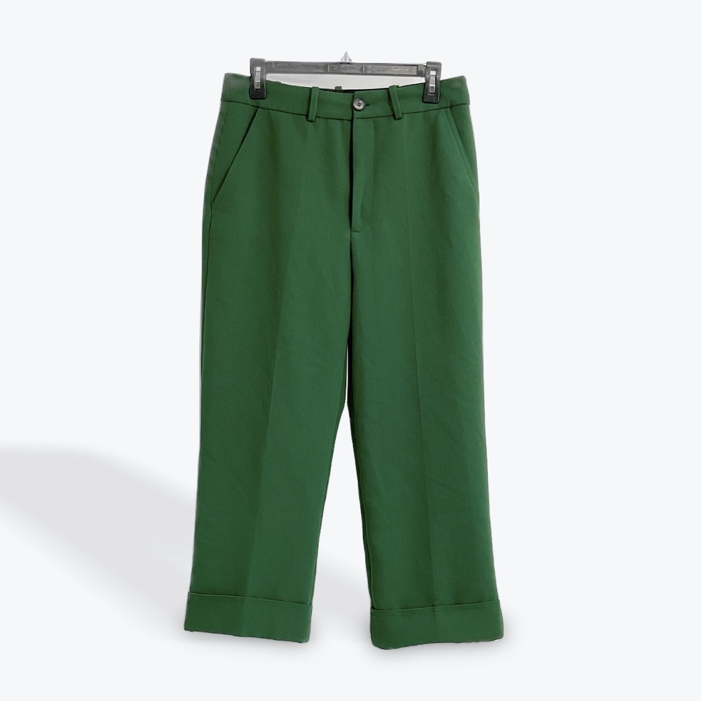 Zara‎ Green Cropped Wide Leg Trousers Cuffed Hem High Rise Career Casual